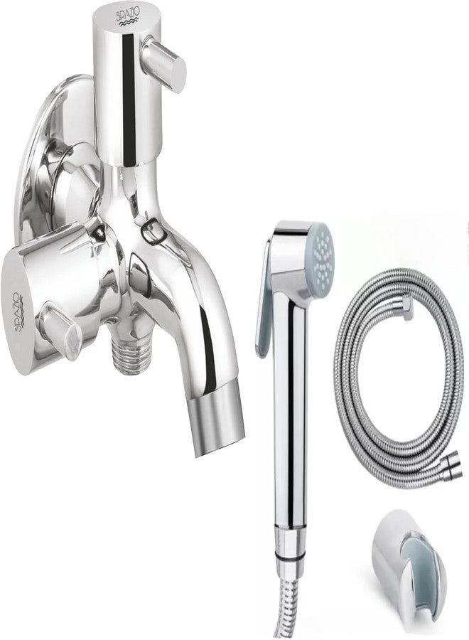 SPAZIO مجموعة Spazio Brass Turbo ثنائية الاتجاه، صنبور جداري (عبوة من قطعة واحدة) ومجموعة صنبور Star Health (أنبوب من الفولاذ المقاوم للصدأ بطول 1.5 متر) للحمام، صنبور جداري مطلي بالكروم والفضة (نوع التركيب على الحائط). - Image 1